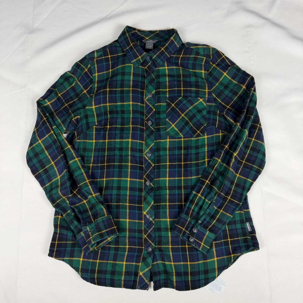 Eddie Bauer Womens S Green Navy Yellow Plaid Cotton Flannel Button‎ Down Shirt